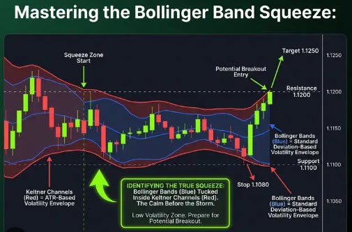 Mastering the Bollinger Band Squeeze — chart showing Bollinger Bands inside Keltner Channels identifying the true squeeze, with breakout entry, resistance at 1.1200, target 1.1250, support 1.1100, and stop 1.1080 annotated